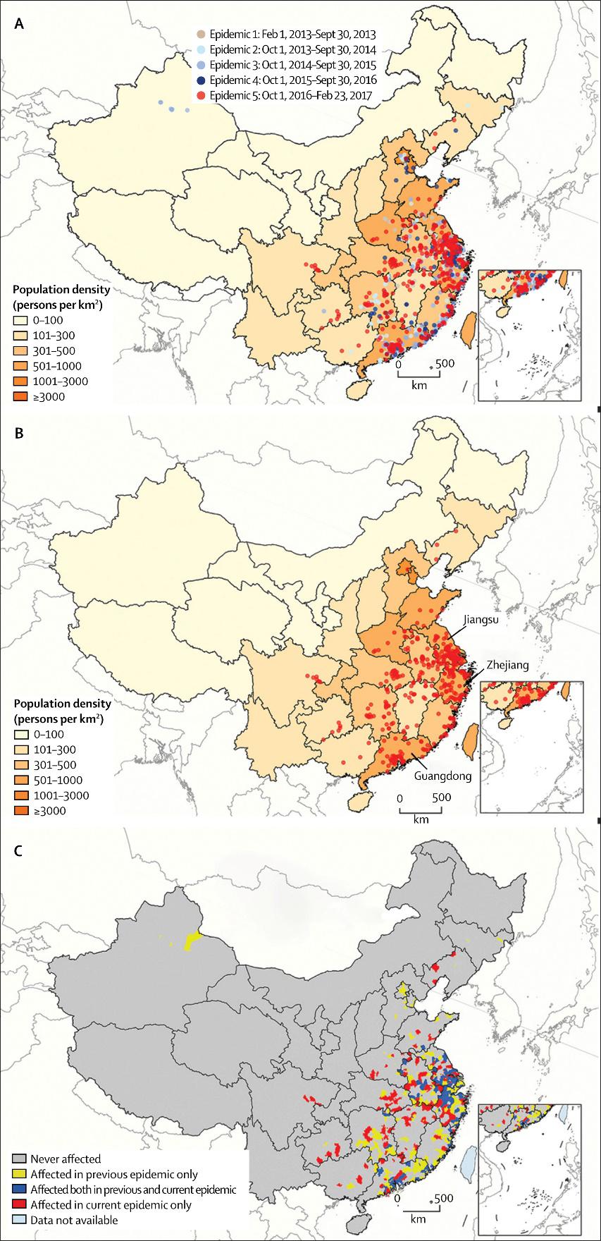 图2.人感染禽流感H7N9病例的地理分布（A-所有病例分布，B-第五波疫情，C-第五波疫情中发病的区县及新发区县）